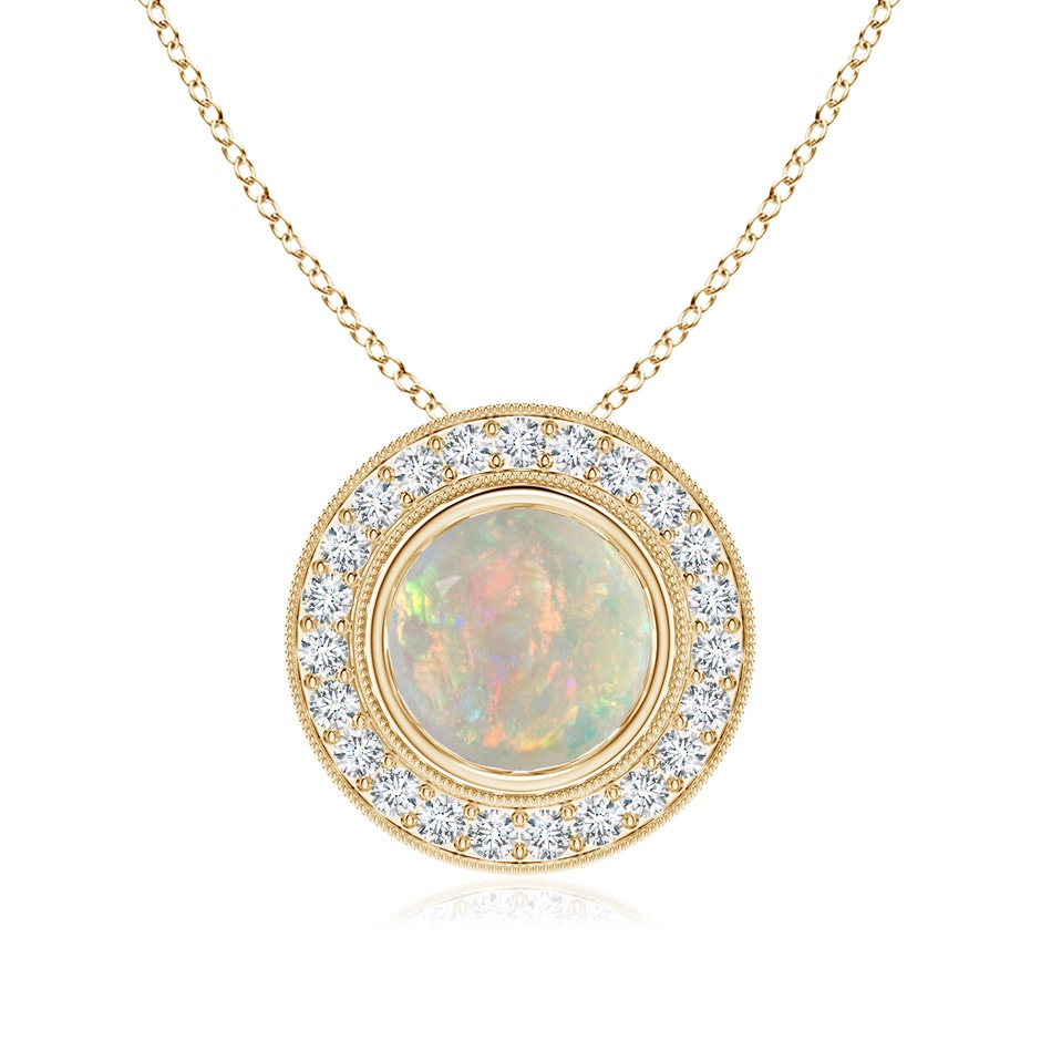 8mm AAAA Bezel-Set Opal Pendant with Diamond Halo in Yellow Gold 