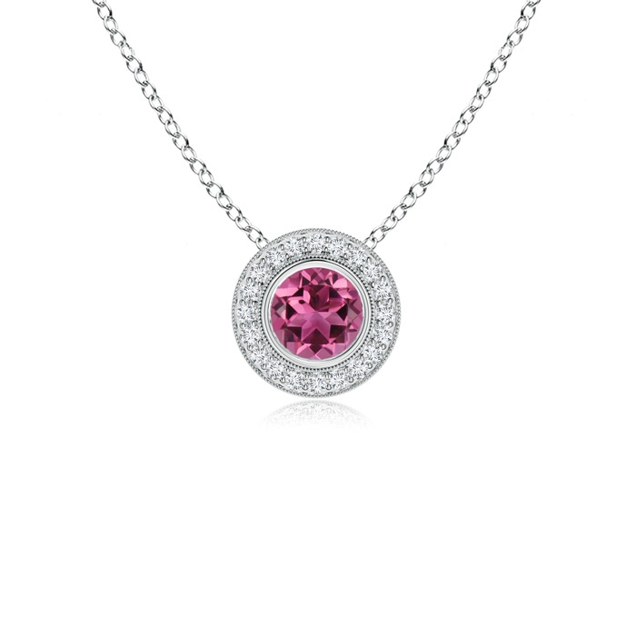 5mm AAAA Bezel-Set Pink Tourmaline Pendant with Diamond Halo in P950 Platinum