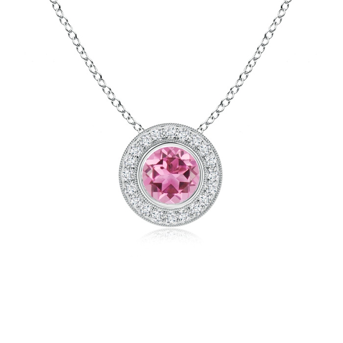 6mm AAA Bezel-Set Pink Tourmaline Pendant with Diamond Halo in White Gold 