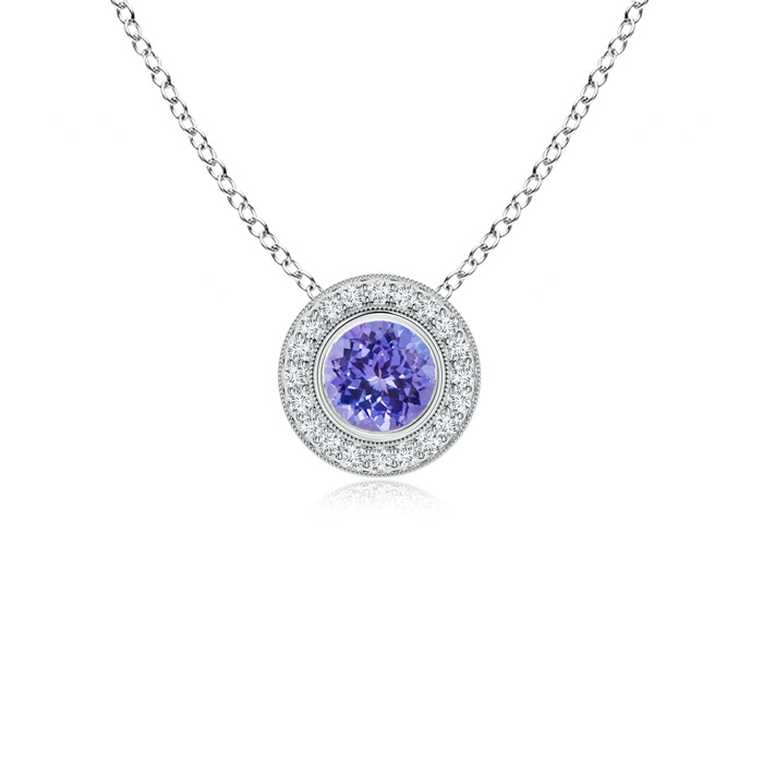 5mm AAA Bezel-Set Tanzanite Pendant with Diamond Halo in White Gold