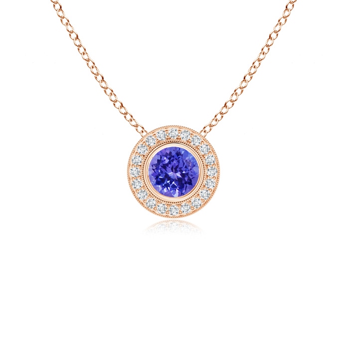 5mm AAAA Bezel-Set Tanzanite Pendant with Diamond Halo in Rose Gold