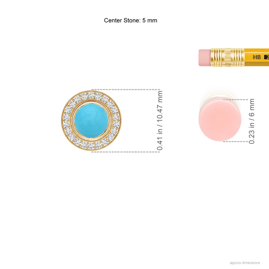 5mm AA Bezel-Set Turquoise Pendant with Diamond Halo in Yellow Gold ruler