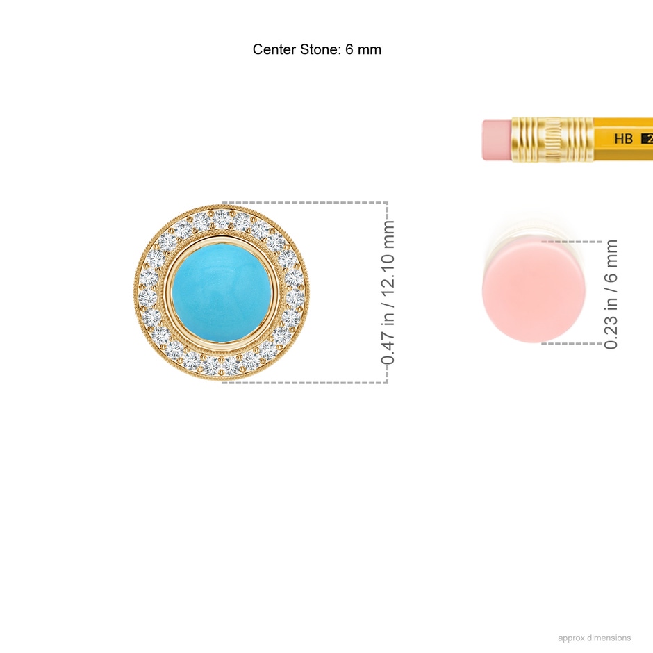 6mm AA Bezel-Set Turquoise Pendant with Diamond Halo in Yellow Gold ruler