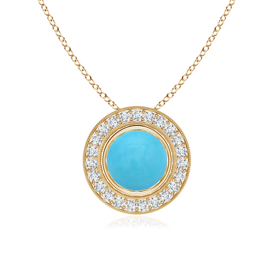7mm AA Bezel-Set Turquoise Pendant with Diamond Halo in Yellow Gold 