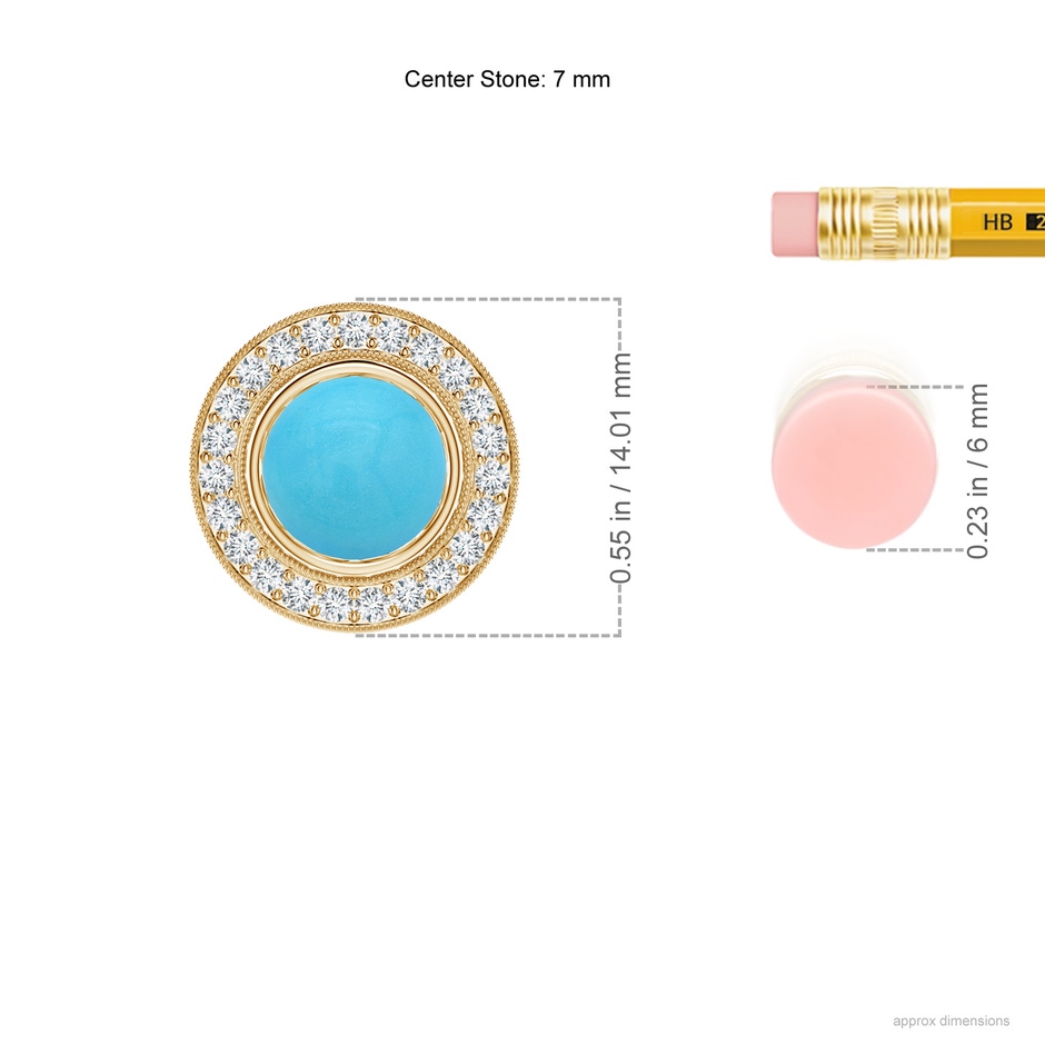 7mm AA Bezel-Set Turquoise Pendant with Diamond Halo in Yellow Gold ruler