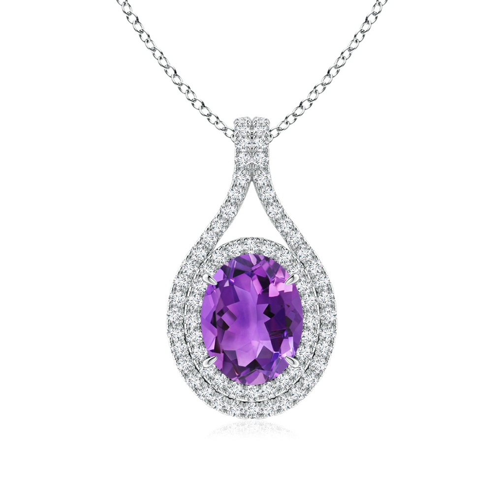 9x7mm AAA Oval Amethyst Double Halo Loop Pendant in White Gold