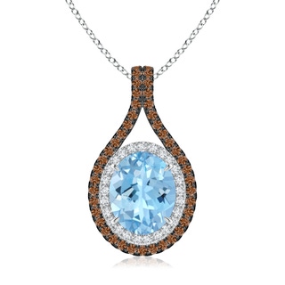 10x8mm AAAA Oval Aquamarine Loop Pendant with Coffee & White Diamonds in White Gold