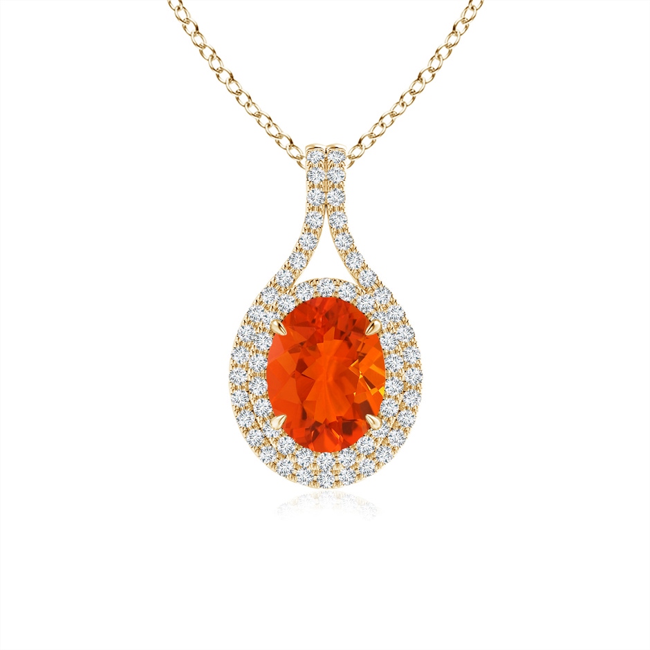 8x6mm AAA Oval Fire Opal Double Halo Loop Pendant in Yellow Gold 