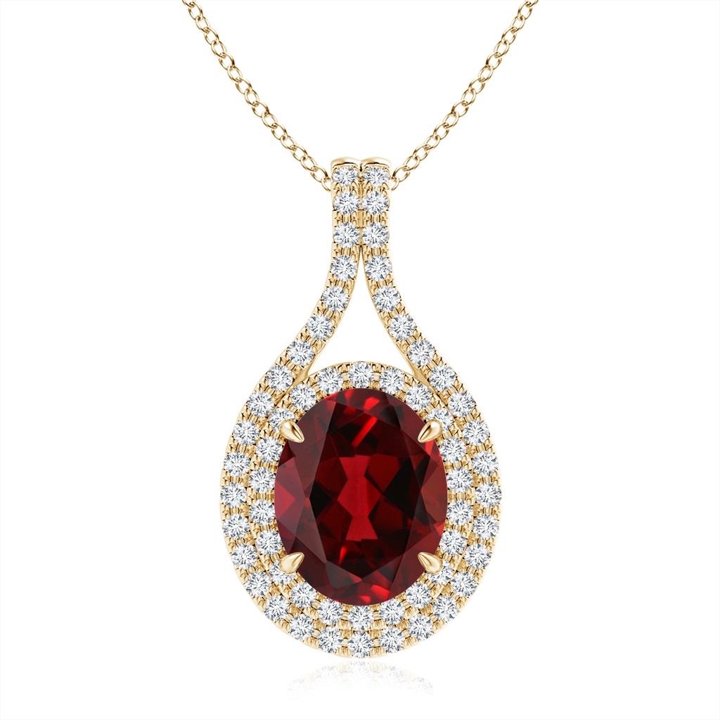 10x8mm AAAA Oval Garnet Double Halo Loop Pendant in Yellow Gold
