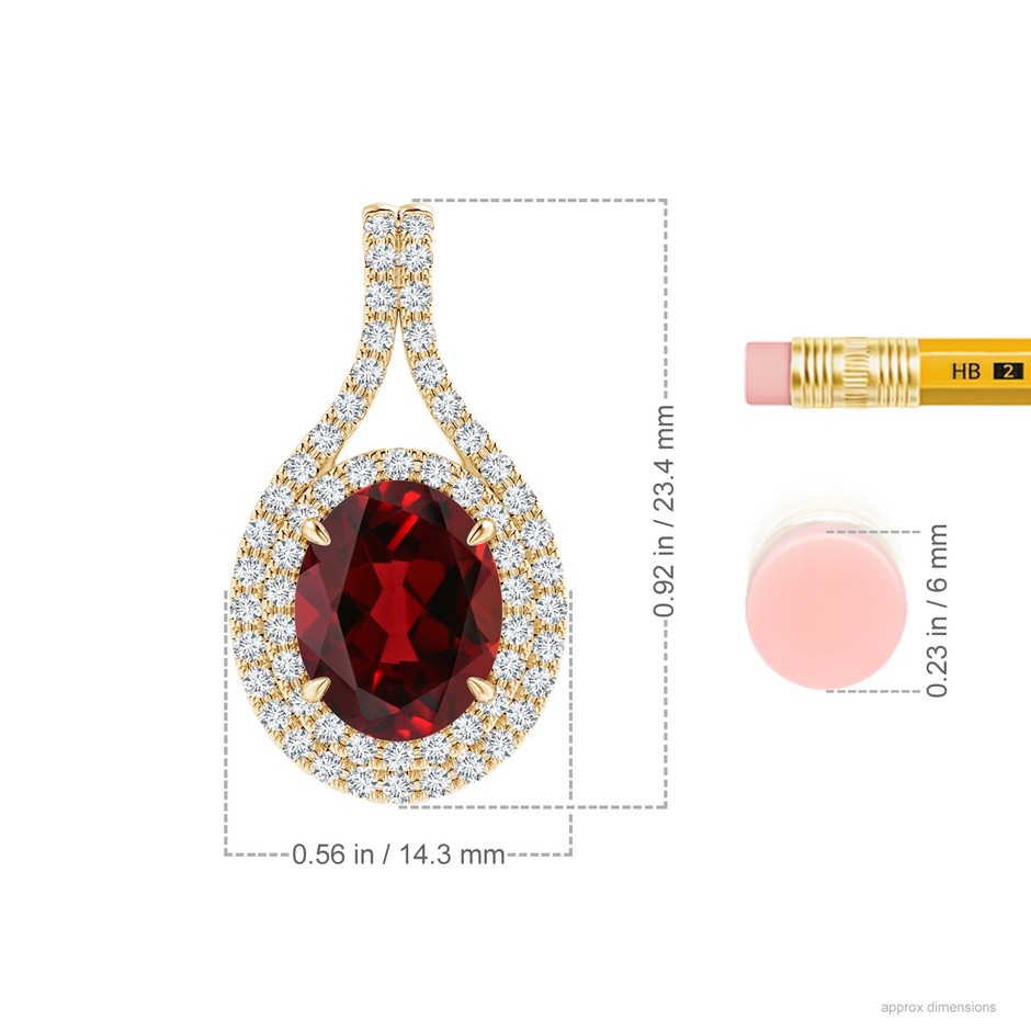 10x8mm AAAA Oval Garnet Double Halo Loop Pendant in Yellow Gold ruler