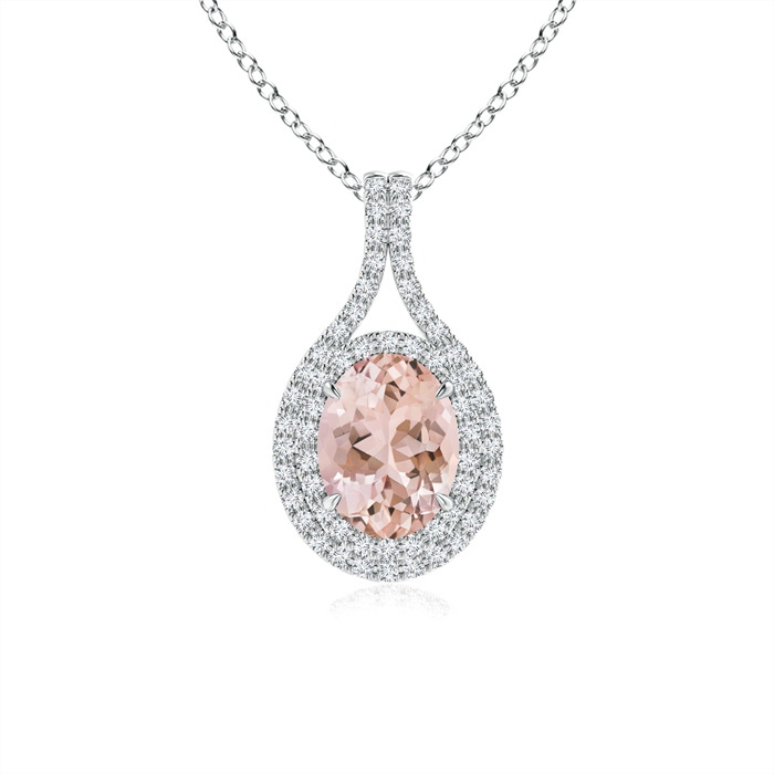 8x6mm AAAA Oval Morganite Double Halo Loop Pendant in White Gold