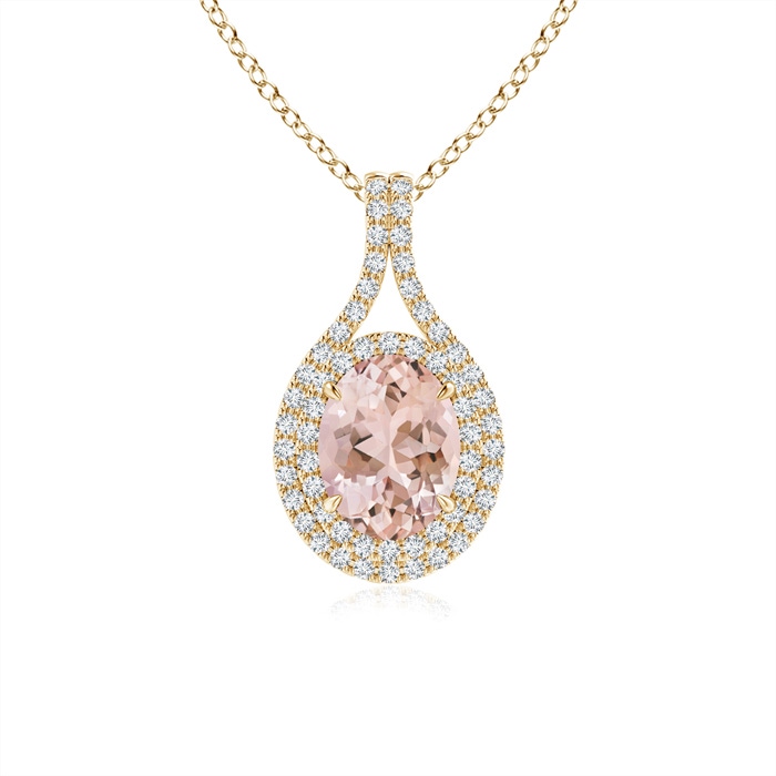 8x6mm AAAA Oval Morganite Double Halo Loop Pendant in Yellow Gold