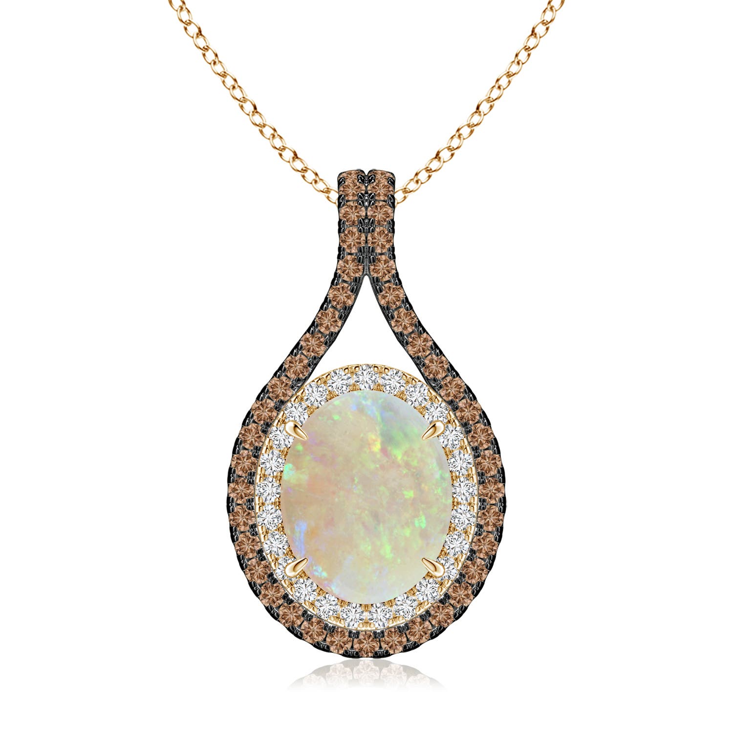 10x8mm AAA Oval Opal Loop Pendant with Coffee & White Diamonds in Yellow Gold