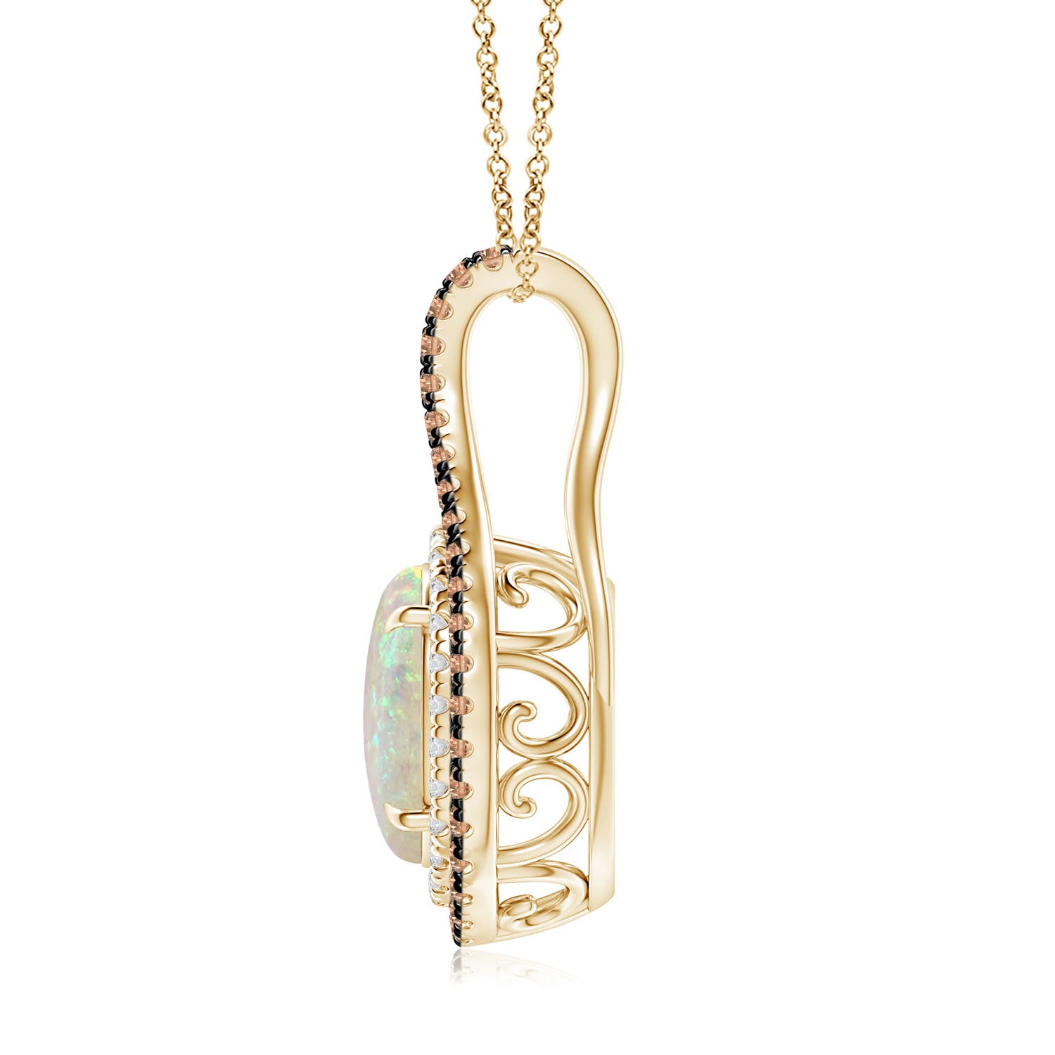 10x8mm AAA Oval Opal Loop Pendant with Coffee & White Diamonds in Yellow Gold