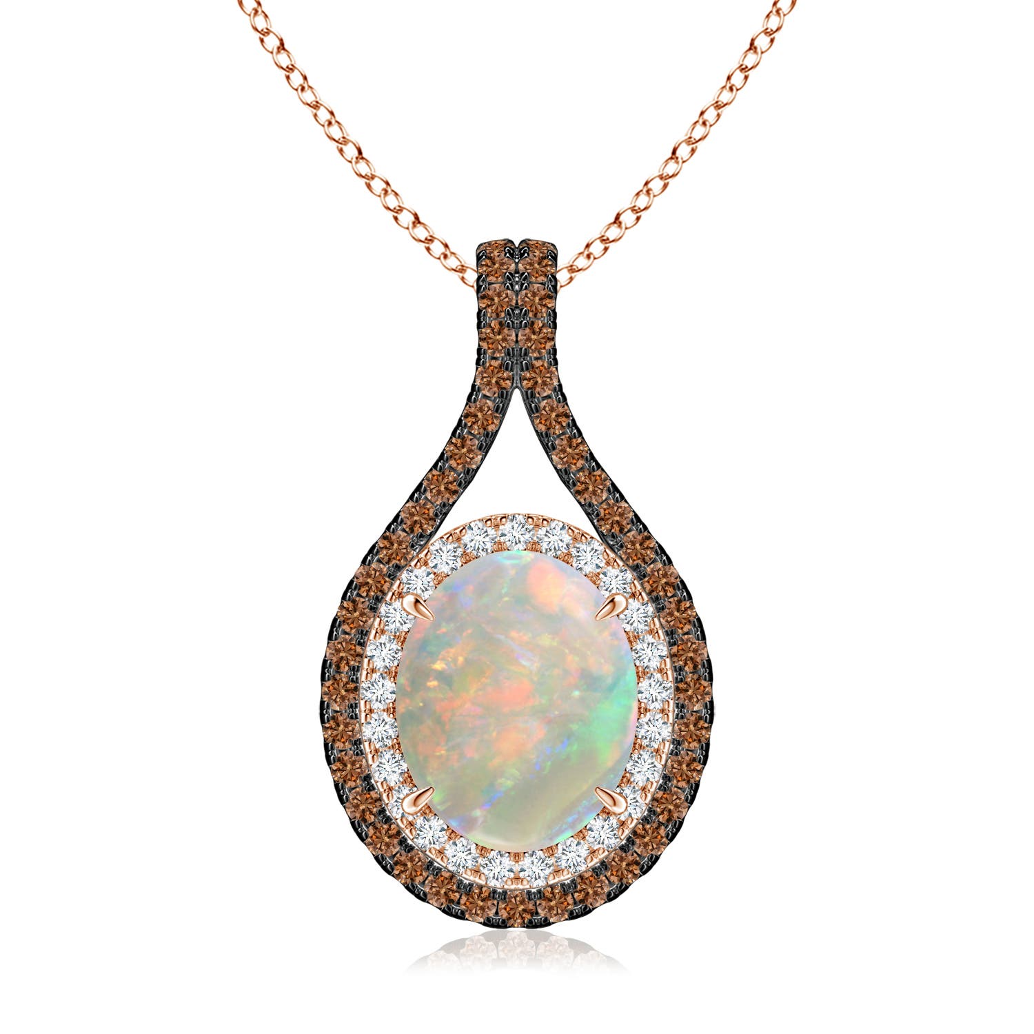 10x8mm AAAA Oval Opal Loop Pendant with Coffee & White Diamonds in 18K Rose Gold