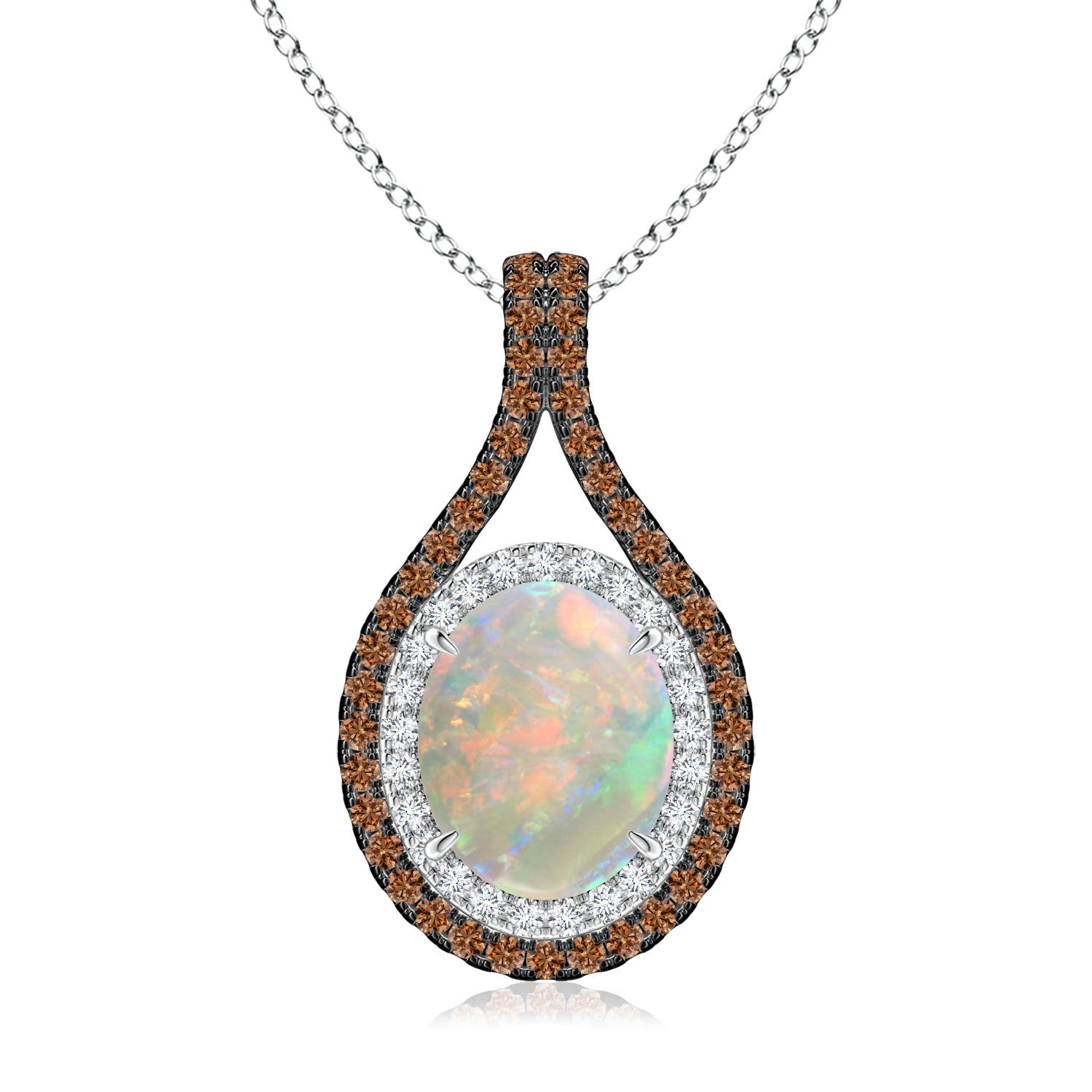 10x8mm AAAA Oval Opal Loop Pendant with Coffee & White Diamonds in White Gold