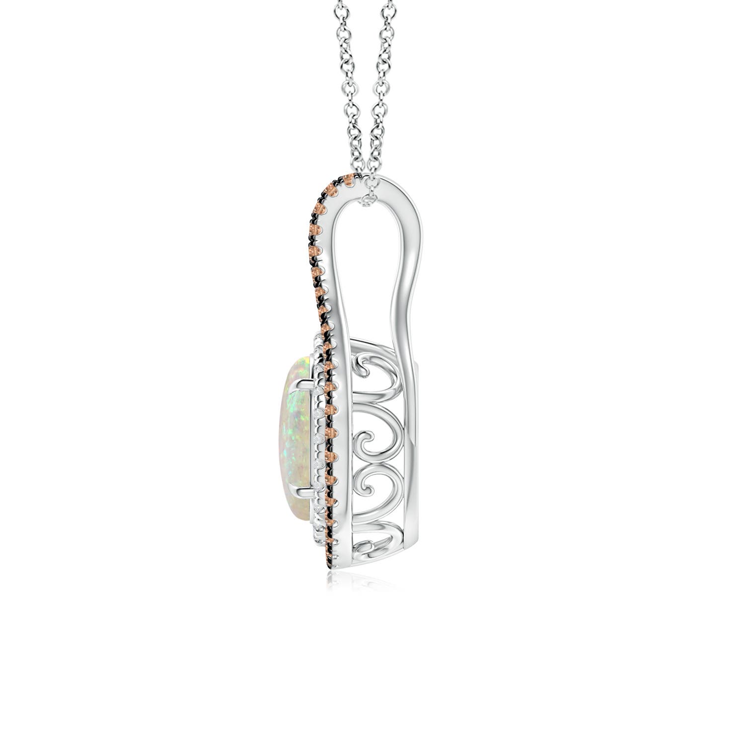 8x6mm AAA Oval Opal Loop Pendant with Coffee & White Diamonds in White Gold - side 2