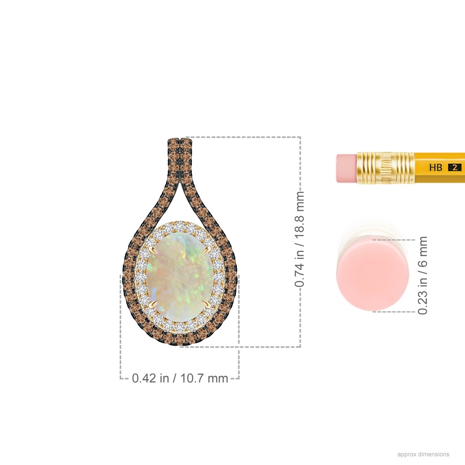 8x6mm AAA Oval Opal Loop Pendant with Coffee & White Diamonds in Yellow Gold ruler