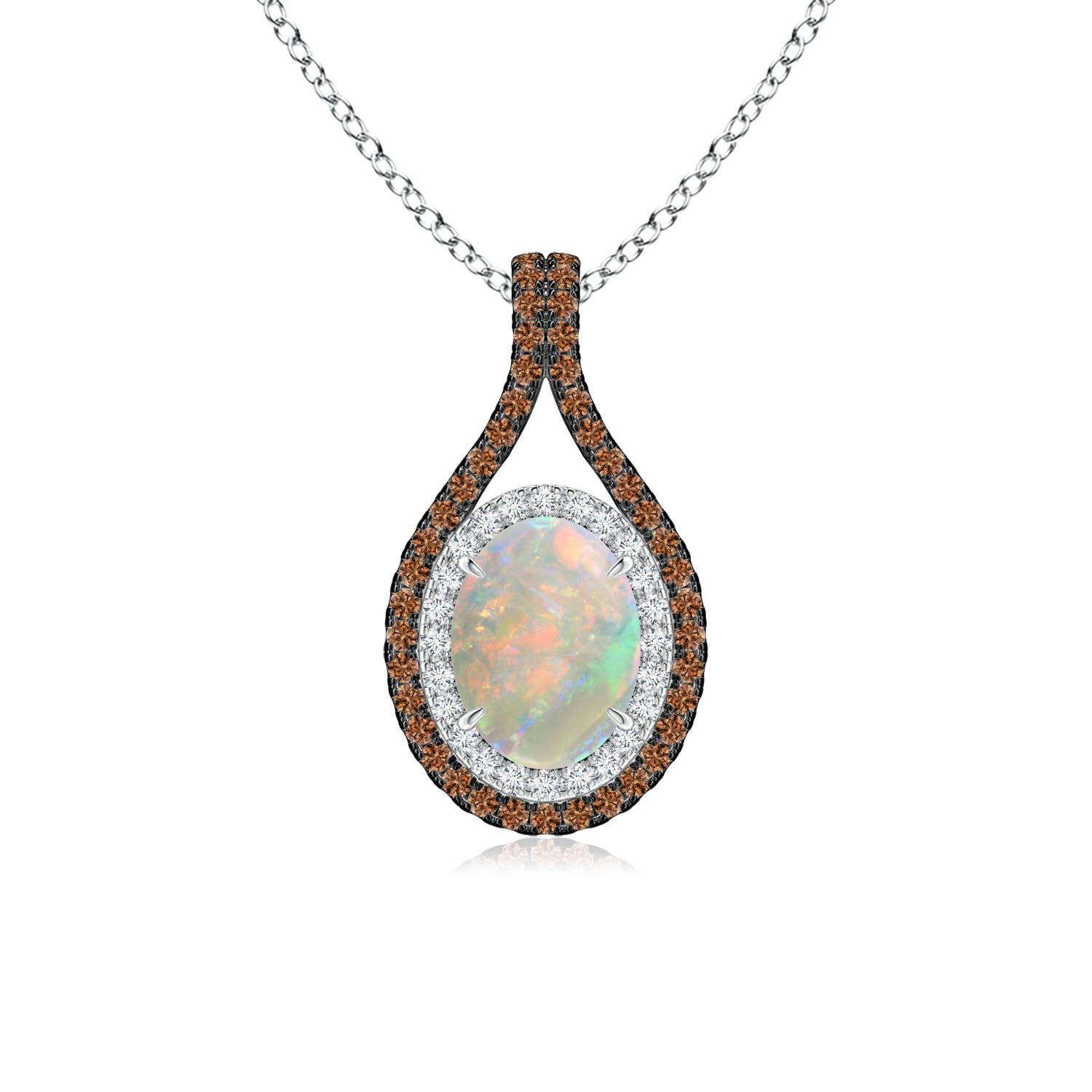 8x6mm AAAA Oval Opal Loop Pendant with Coffee & White Diamonds in White Gold