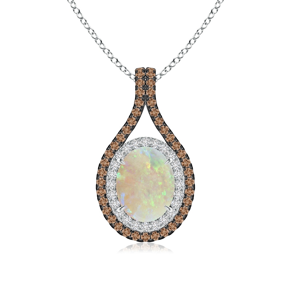 9x7mm AAA Oval Opal Loop Pendant with Coffee & White Diamonds in White Gold 