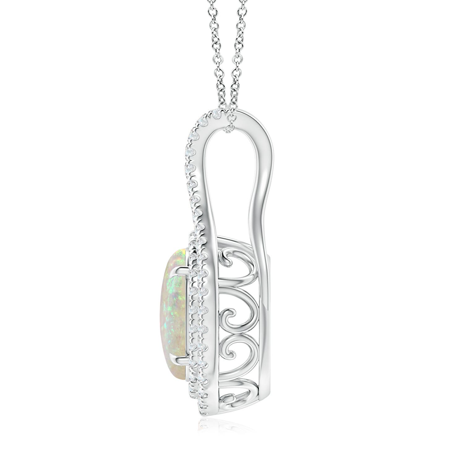 10x8mm AAA Oval Opal Double Halo Loop Pendant in White Gold
