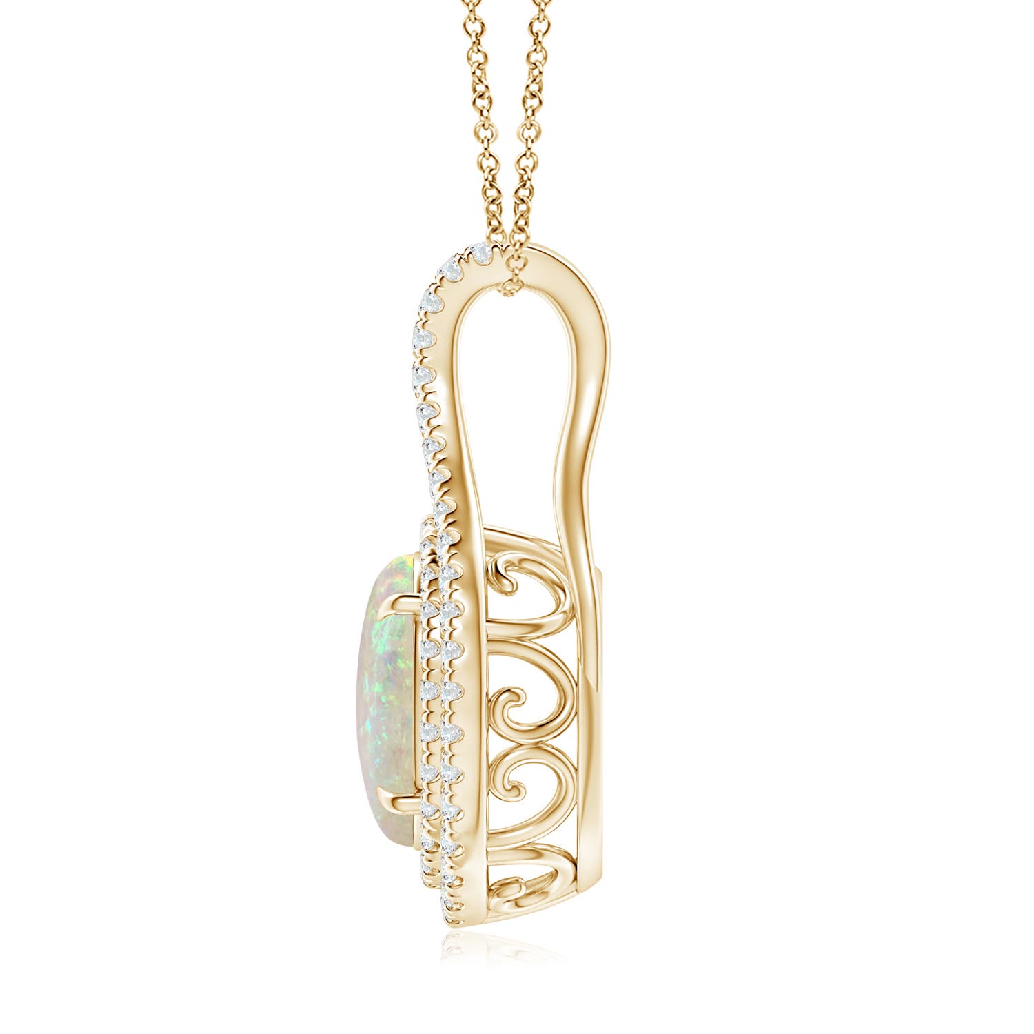 10x8mm AAA Oval Opal Double Halo Loop Pendant in Yellow Gold