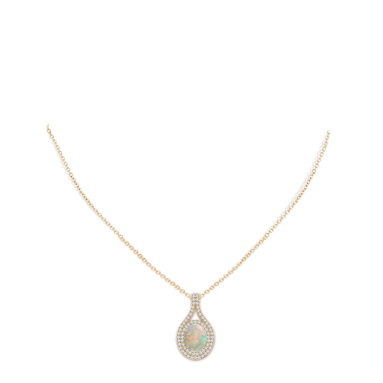 10x8mm AAAA Oval Opal Double Halo Loop Pendant in 18K Yellow Gold - body_neck