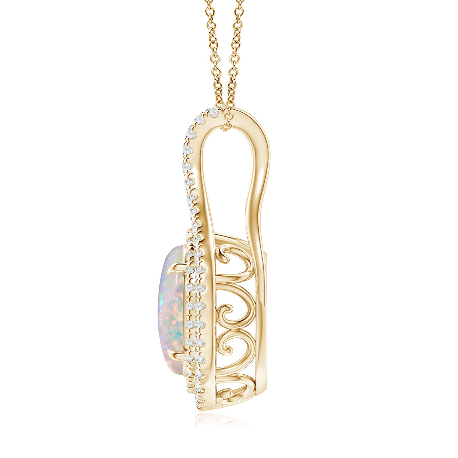 10x8mm AAAA Oval Opal Double Halo Loop Pendant in Yellow Gold - side 2