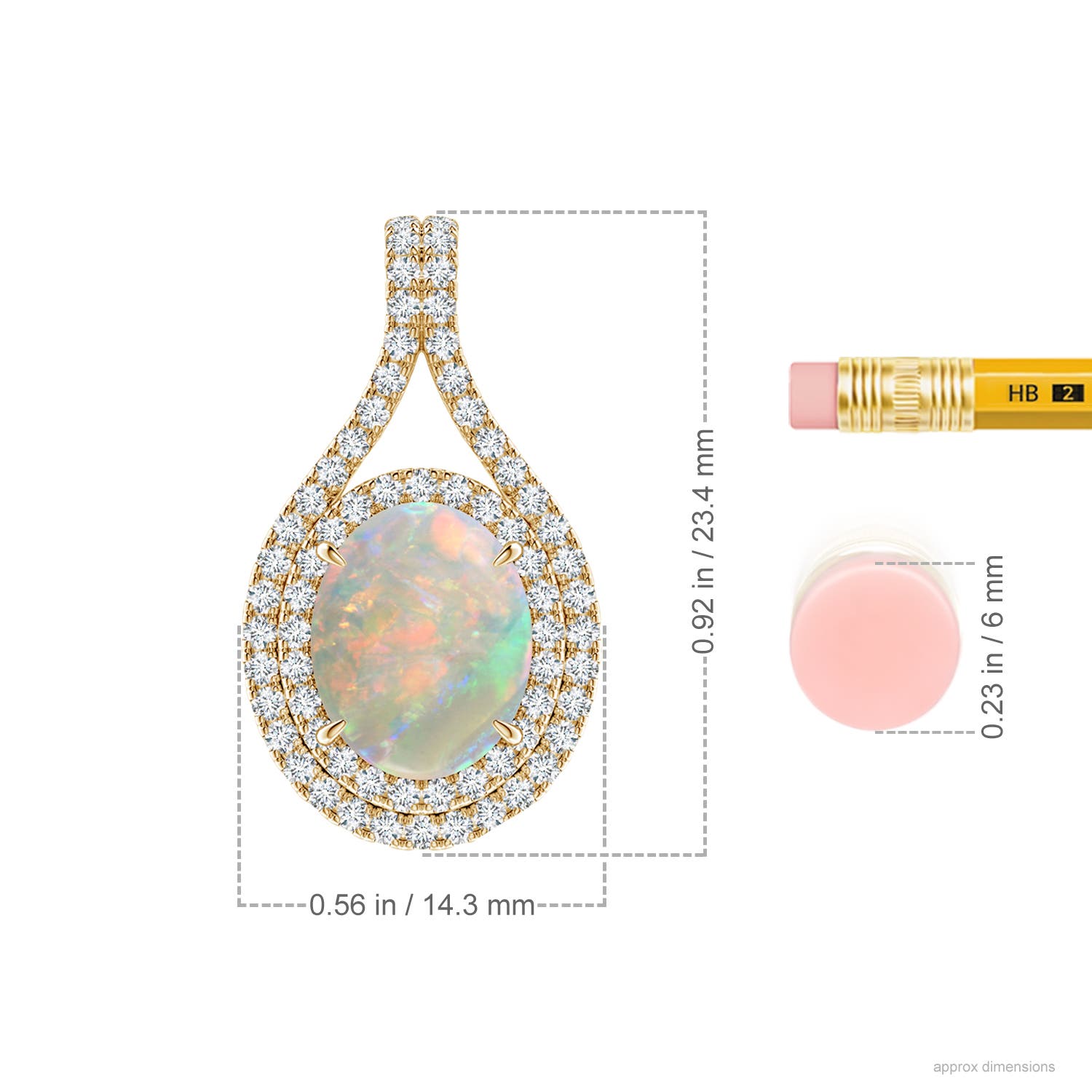 10x8mm AAAA Oval Opal Double Halo Loop Pendant in Yellow Gold - ruler
