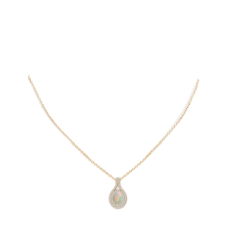 8x6mm AAAA Oval Opal Double Halo Loop Pendant in Yellow Gold pen