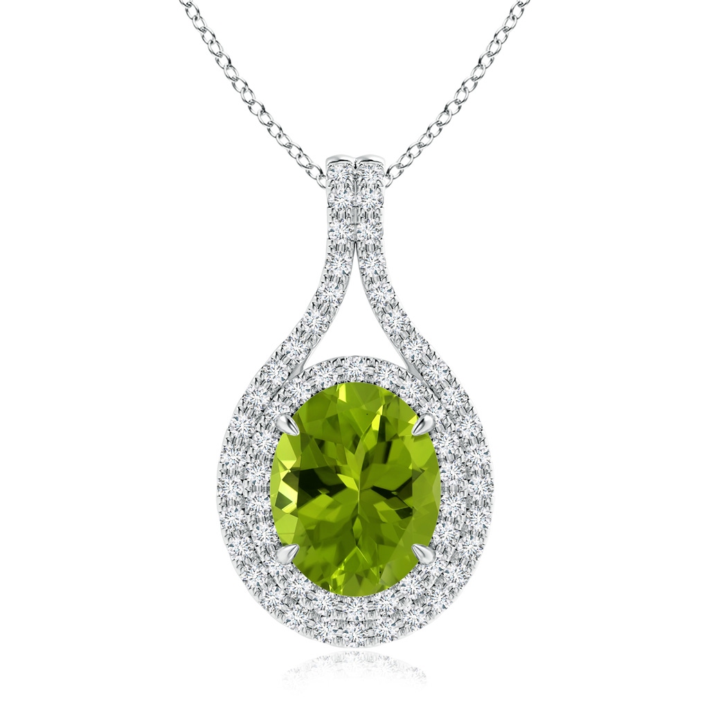 9.93x7.89x5.02mm AAA GIA Certified Oval Peridot and Diamond Double Halo Pendant in White Gold