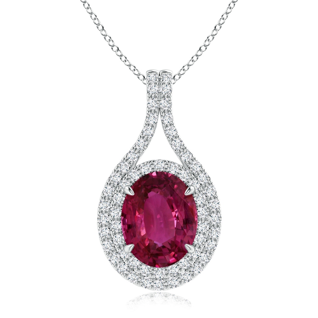 10.15x7.75x5.09mm AAA GIA Certified Oval Pink Sapphire and Diamond Double Halo Pendant in 18K White Gold 