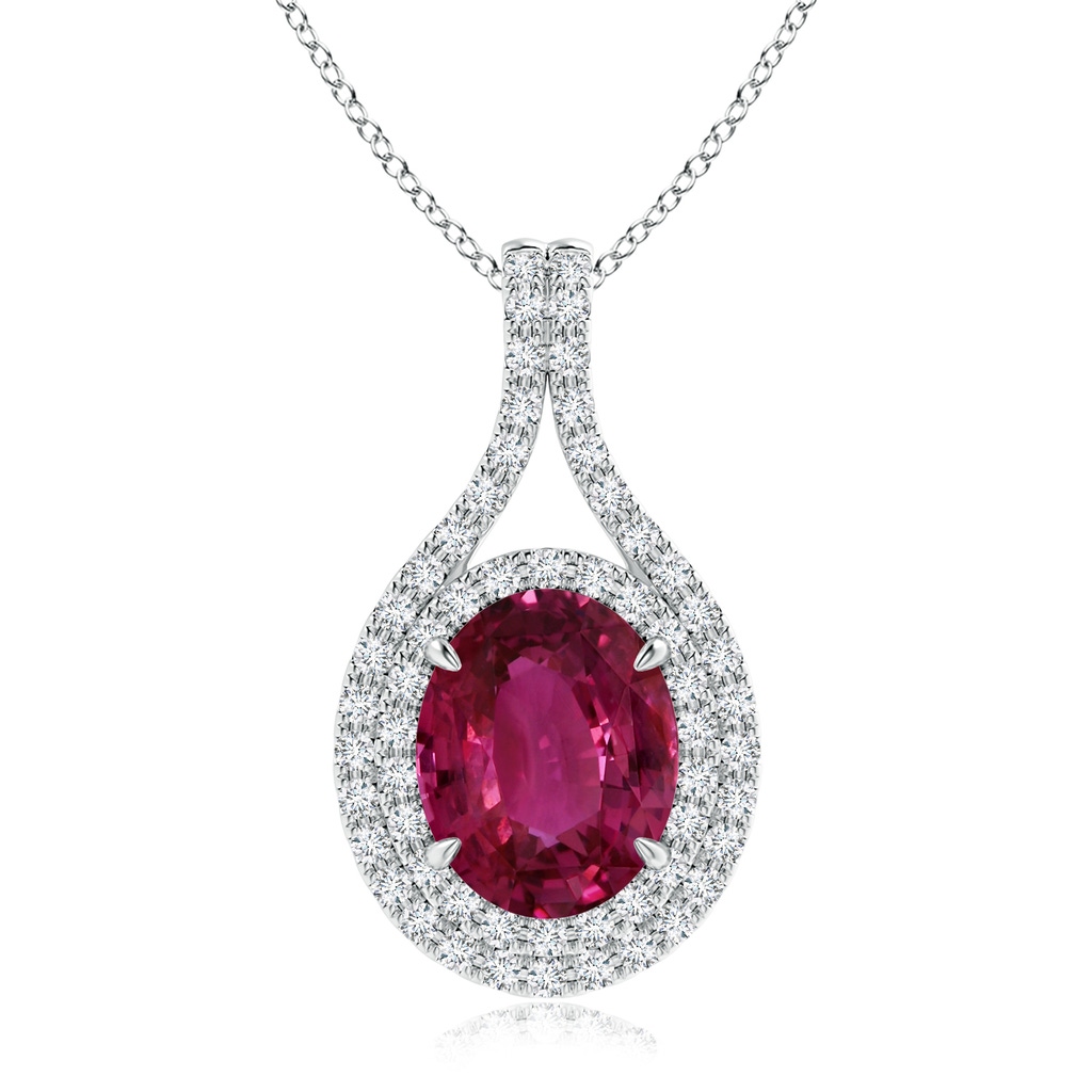 10.15x7.75x5.09mm AAA GIA Certified Oval Pink Sapphire and Diamond Double Halo Pendant in 18K White Gold