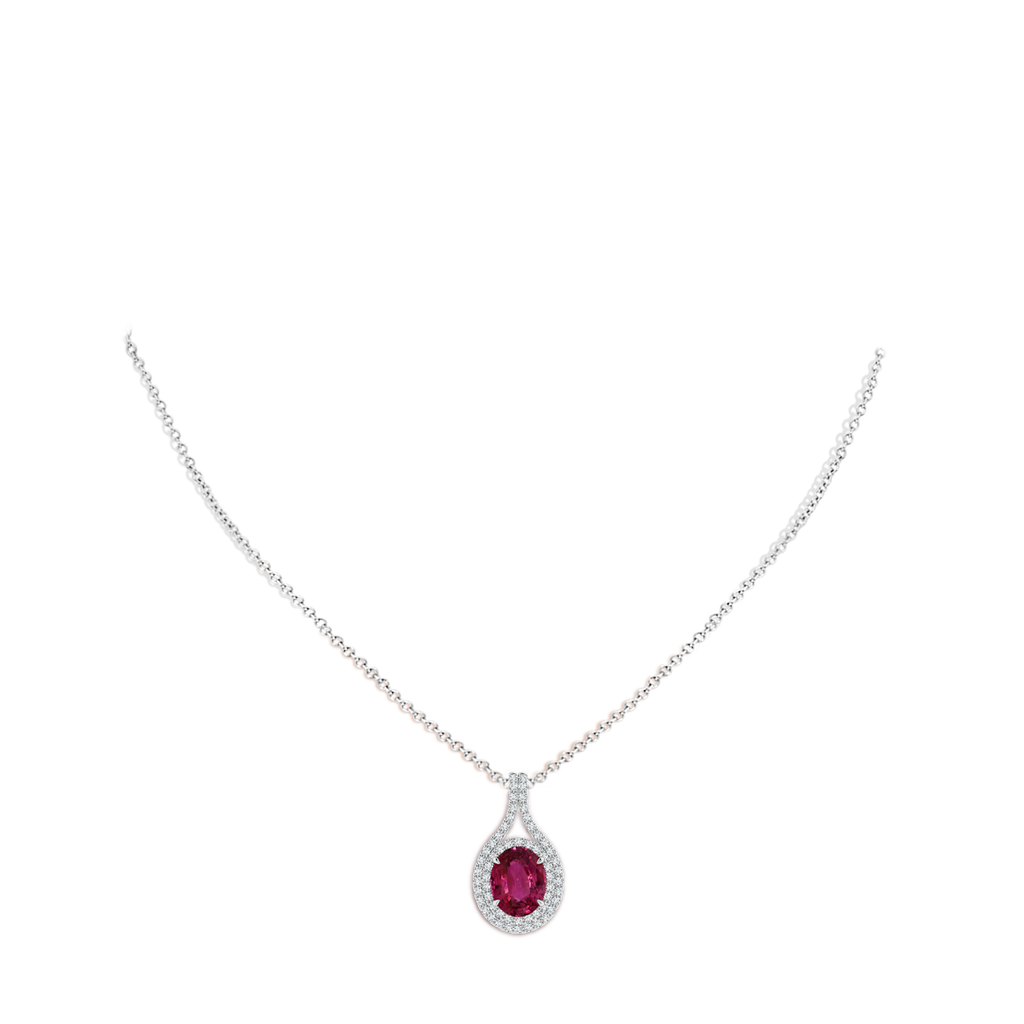 10.15x7.75x5.09mm AAA GIA Certified Oval Pink Sapphire and Diamond Double Halo Pendant in 18K White Gold Body-Neck