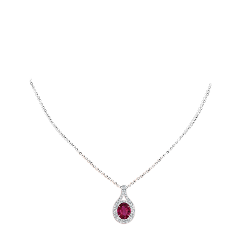 10.15x7.75x5.09mm AAA GIA Certified Oval Pink Sapphire and Diamond Double Halo Pendant in 18K White Gold body-neck