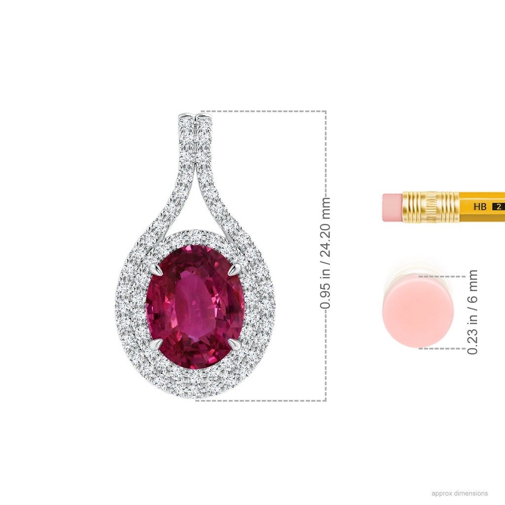 10.15x7.75x5.09mm AAA GIA Certified Oval Pink Sapphire and Diamond Double Halo Pendant in 18K White Gold Ruler