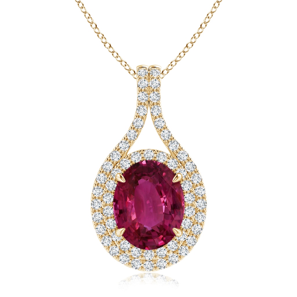 10.15x7.75x5.09mm AAA GIA Certified Oval Pink Sapphire and Diamond Double Halo Pendant in Yellow Gold
