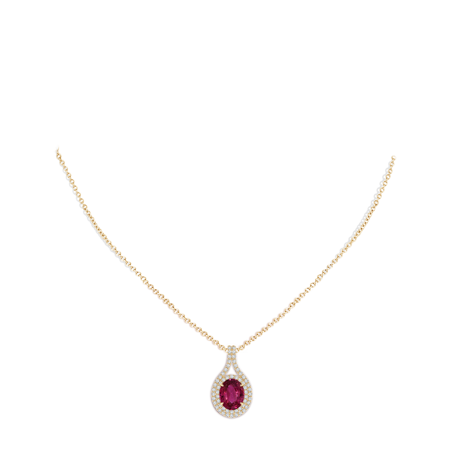 10.15x7.75x5.09mm AAA GIA Certified Oval Pink Sapphire and Diamond Double Halo Pendant in Yellow Gold body-neck