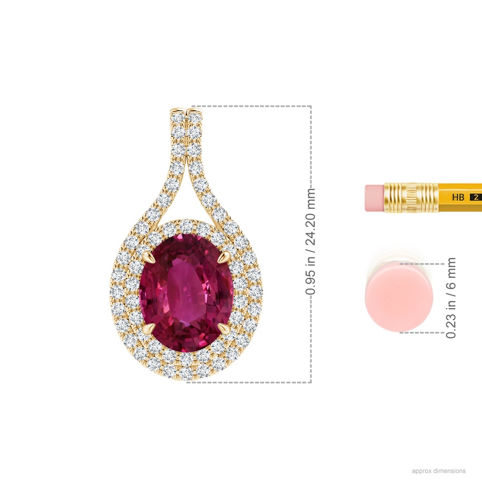 10.15x7.75x5.09mm AAA GIA Certified Oval Pink Sapphire and Diamond Double Halo Pendant in Yellow Gold ruler