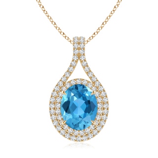 10x8mm AAA Oval Blue Topaz Double Halo Loop Pendant in Yellow Gold