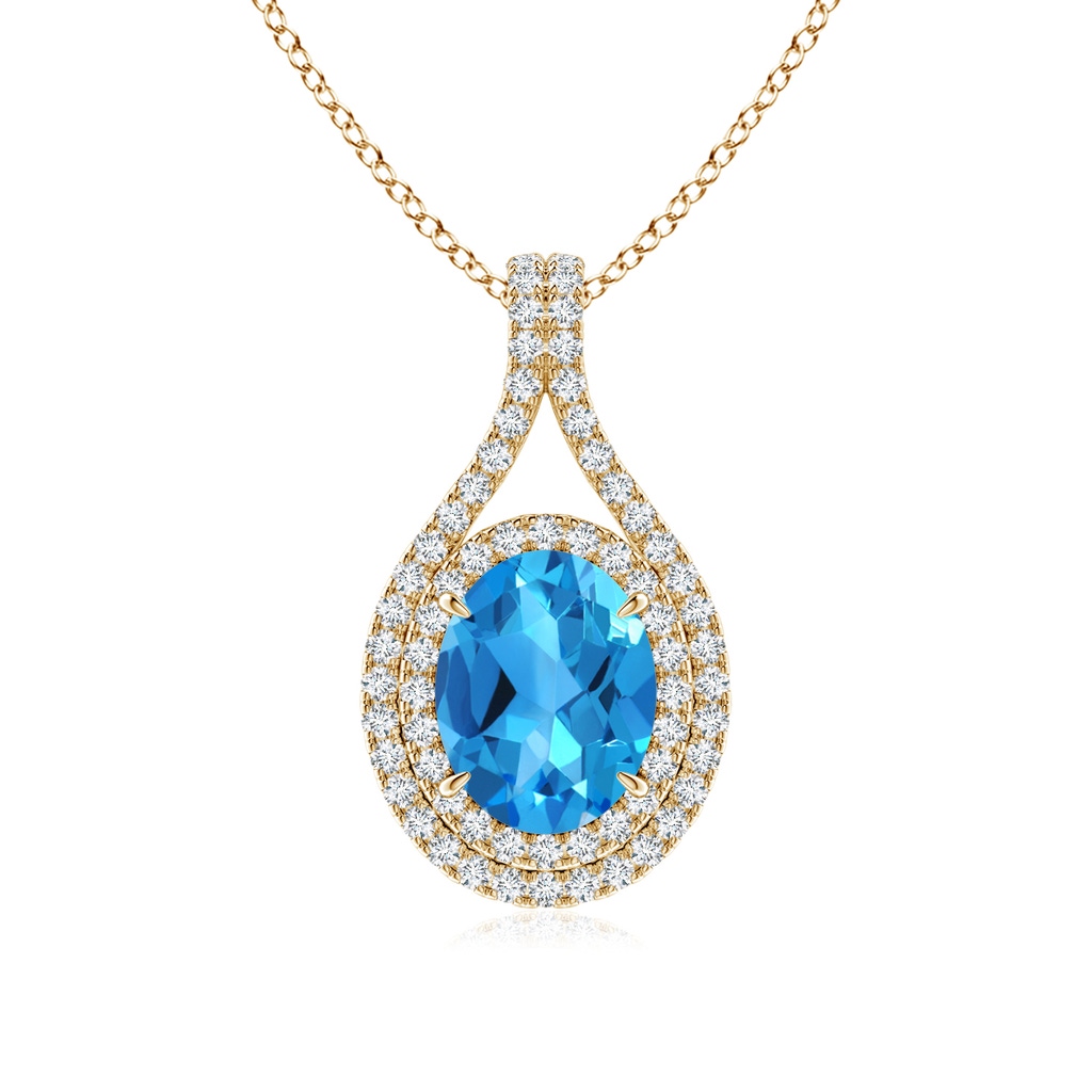 9x7mm AAAA Oval Blue Topaz Double Halo Loop Pendant in Yellow Gold