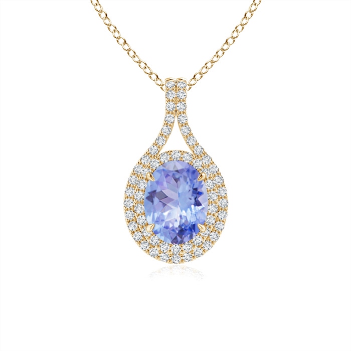 8x6mm A Oval Tanzanite Double Halo Loop Pendant in Yellow Gold 