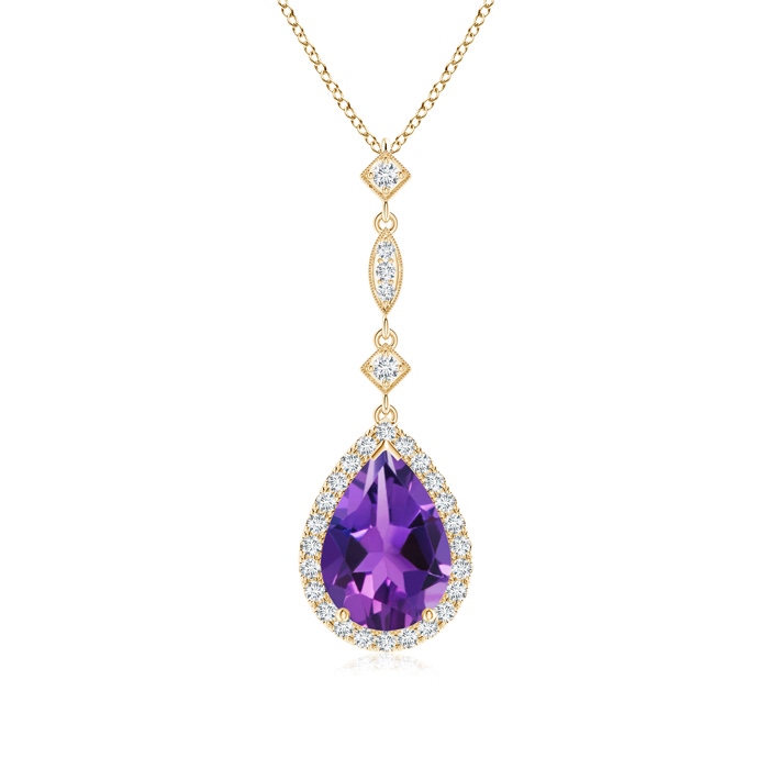10x7mm AAAA Amethyst Teardrop Pendant with Diamond Accents in Yellow Gold 
