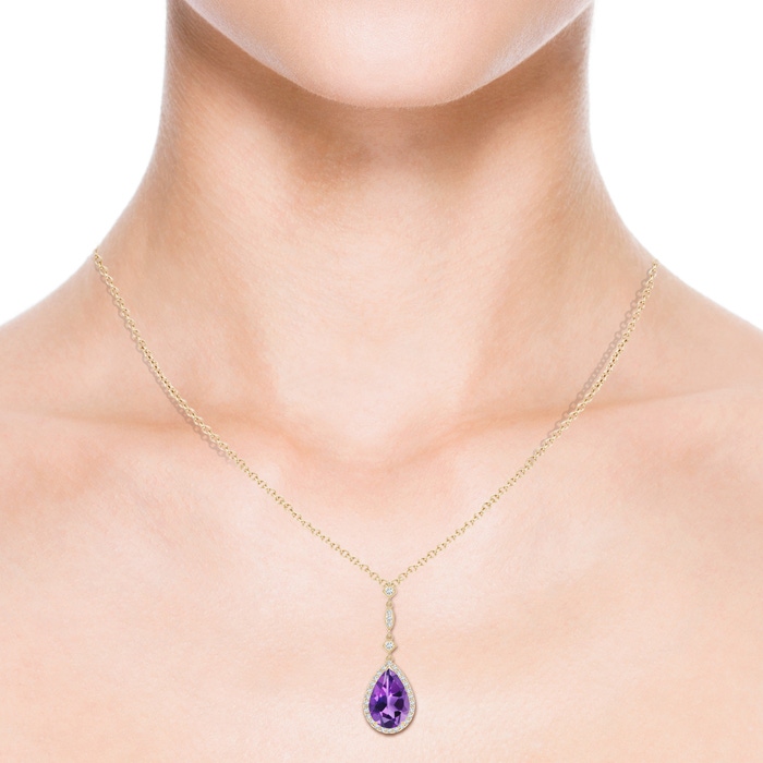 12x8mm AAA Amethyst Teardrop Pendant with Diamond Accents in Yellow Gold Product Image