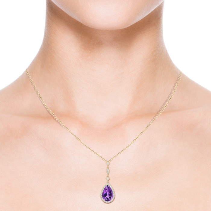 12x8mm AAA Amethyst Teardrop Pendant with Diamond Accents in Yellow Gold product image