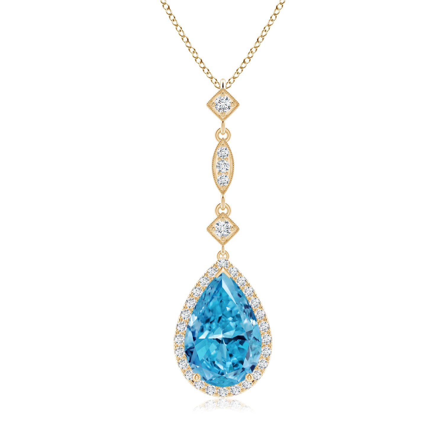 Angara 3.26 CTW Prong-Set Fancy Intense Blue Diamond Teardrop Halo Pendant in 14K Yellow Gold