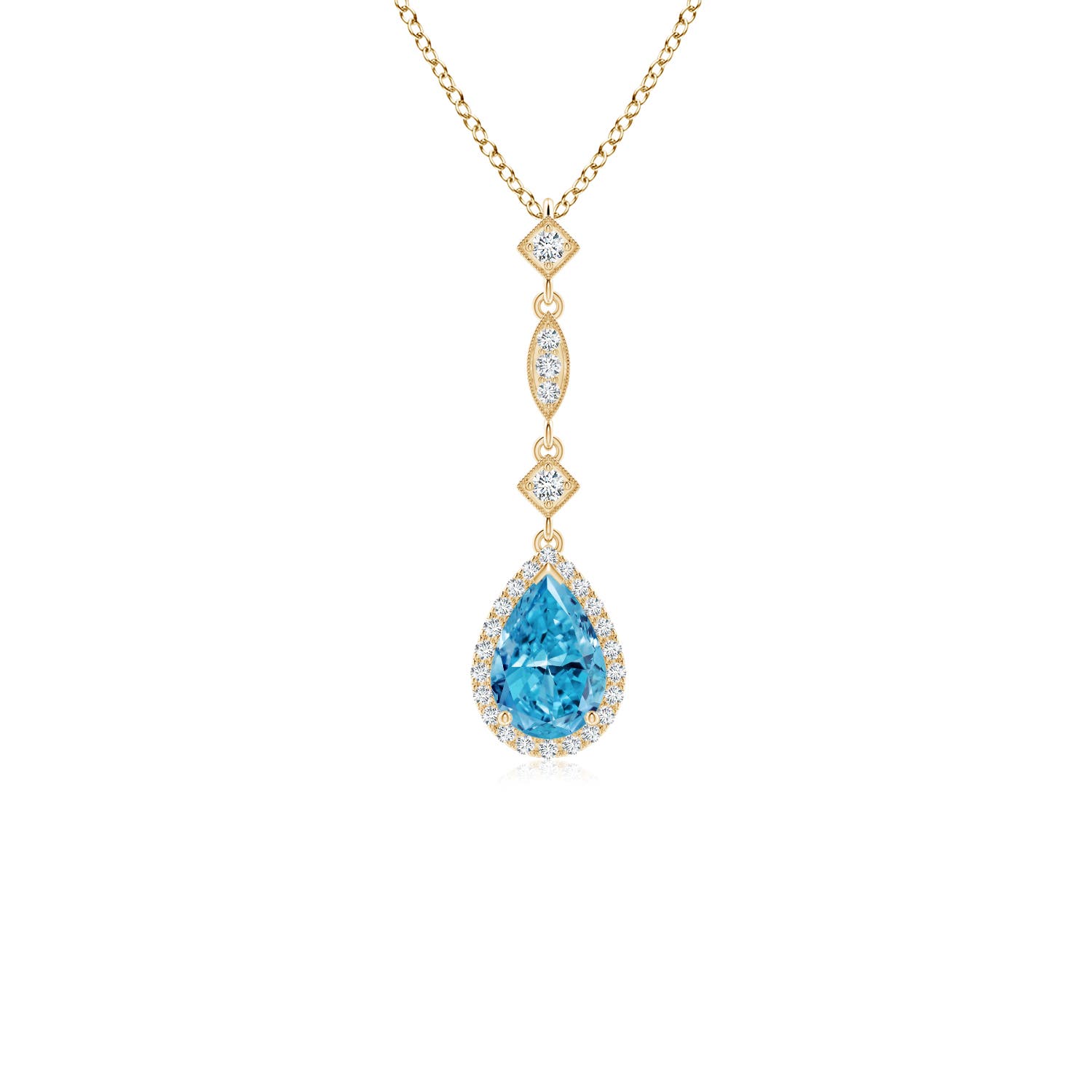 Angara 0.81 CTW Prong-Set Fancy Intense Blue Diamond Teardrop Halo Pendant in 14K Yellow Gold
