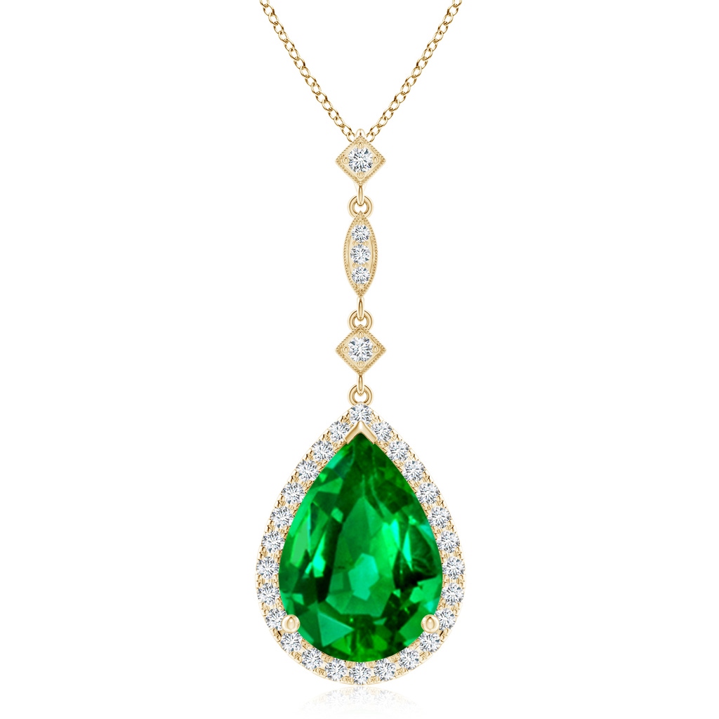 14x10mm AAAA Emerald Teardrop Pendant with Diamond Accents in Yellow Gold