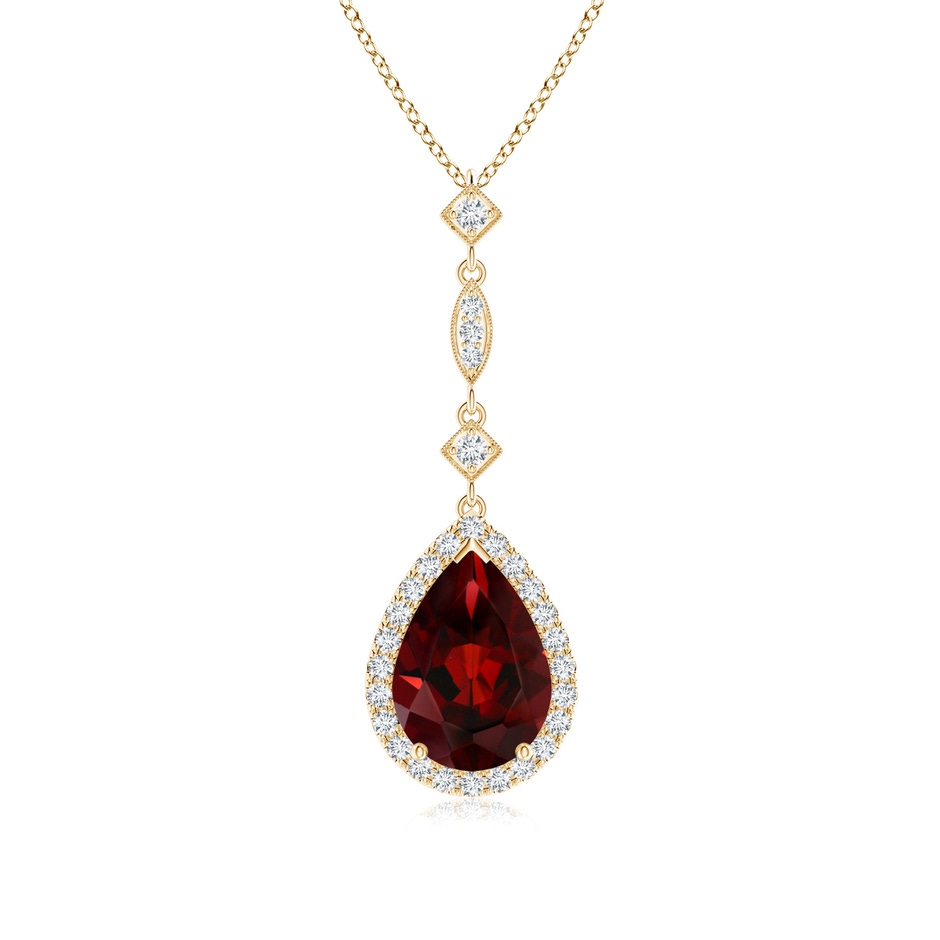 10x7mm AAA Prong-Set Garnet Teardrop Halo Pendant with Diamond Accents in Yellow Gold 