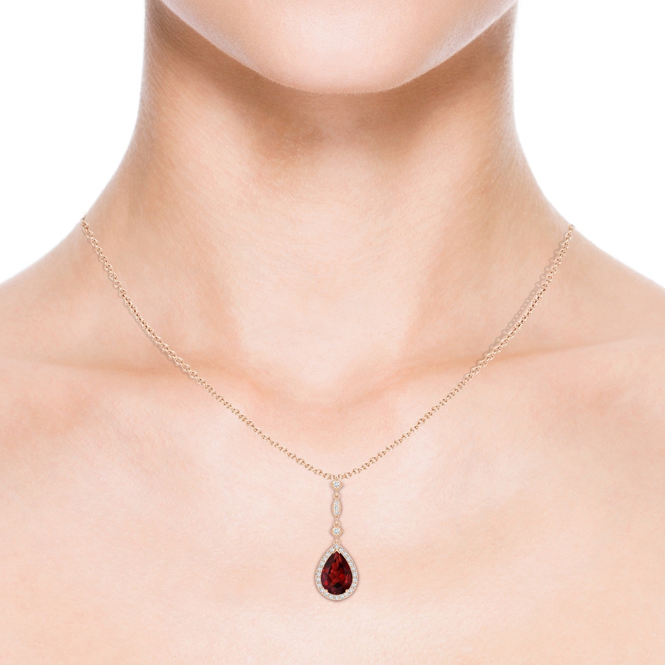10x7mm AAAA Garnet Teardrop Pendant with Diamond Accents in Rose Gold body-neck